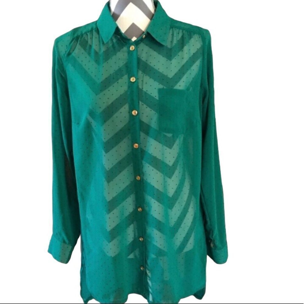 Ezra SMALL Green & Black High-Low Sheer Blouse